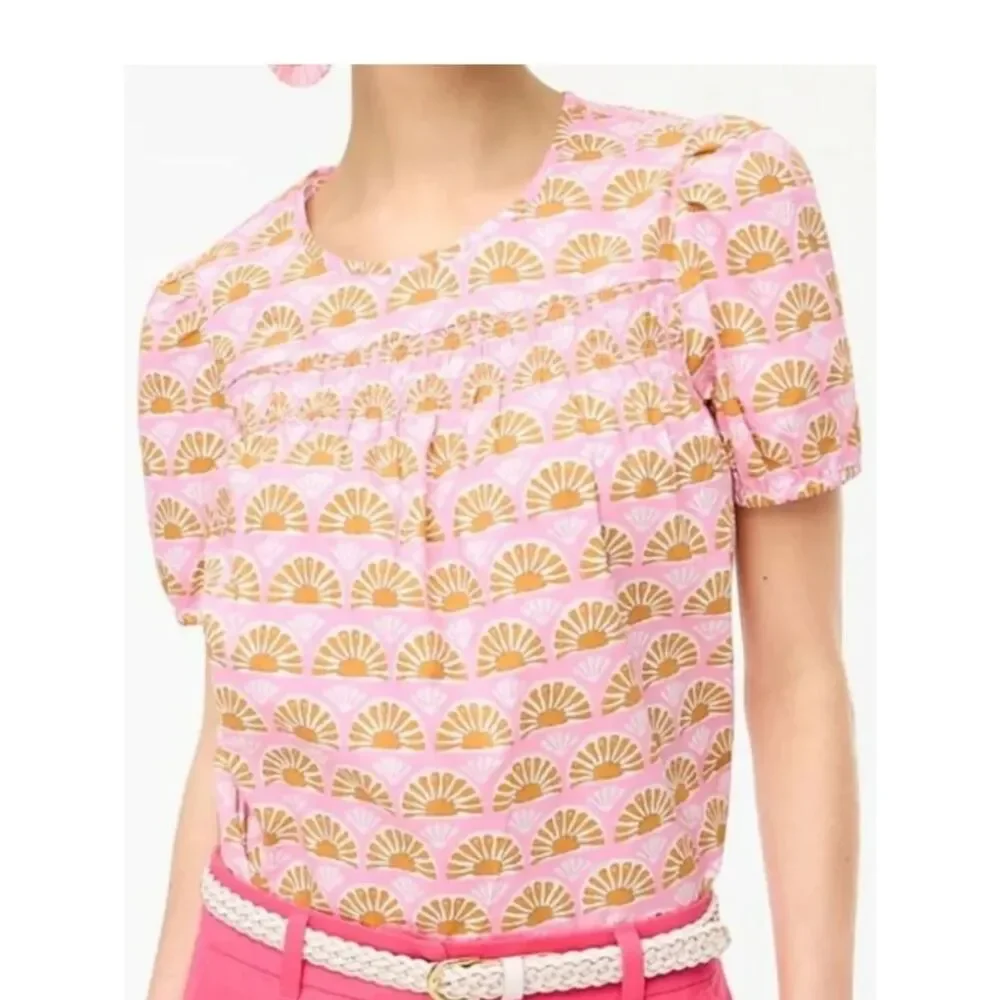 J.Crew Sunshine Fan Puff Sleeve Blouse 100% Cotton Poplin Pink Orange Size XL